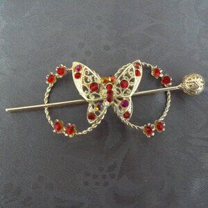 Butterfly Hair Pin, gold color, red rhinestone